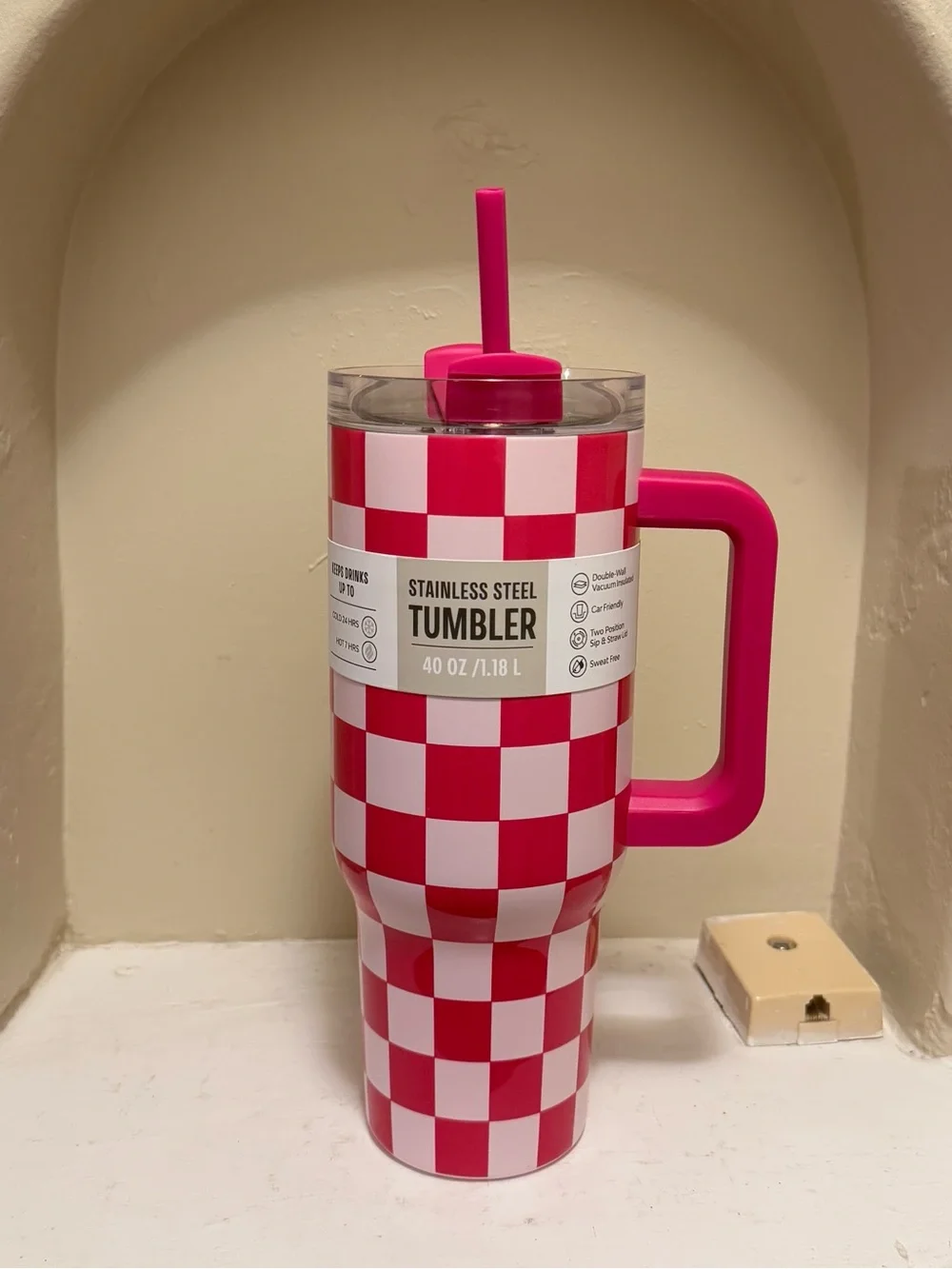 Pink Checker Stainless Steel Travel Tumbler with Handle and Straw